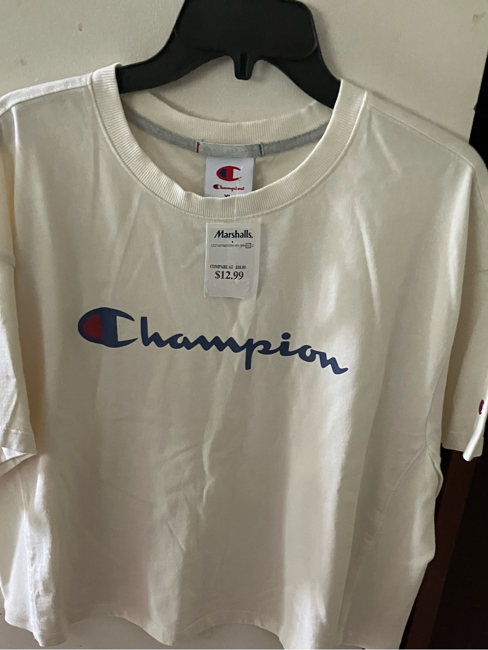 Champion Cream White Logo Tee with Blue & Red Accents